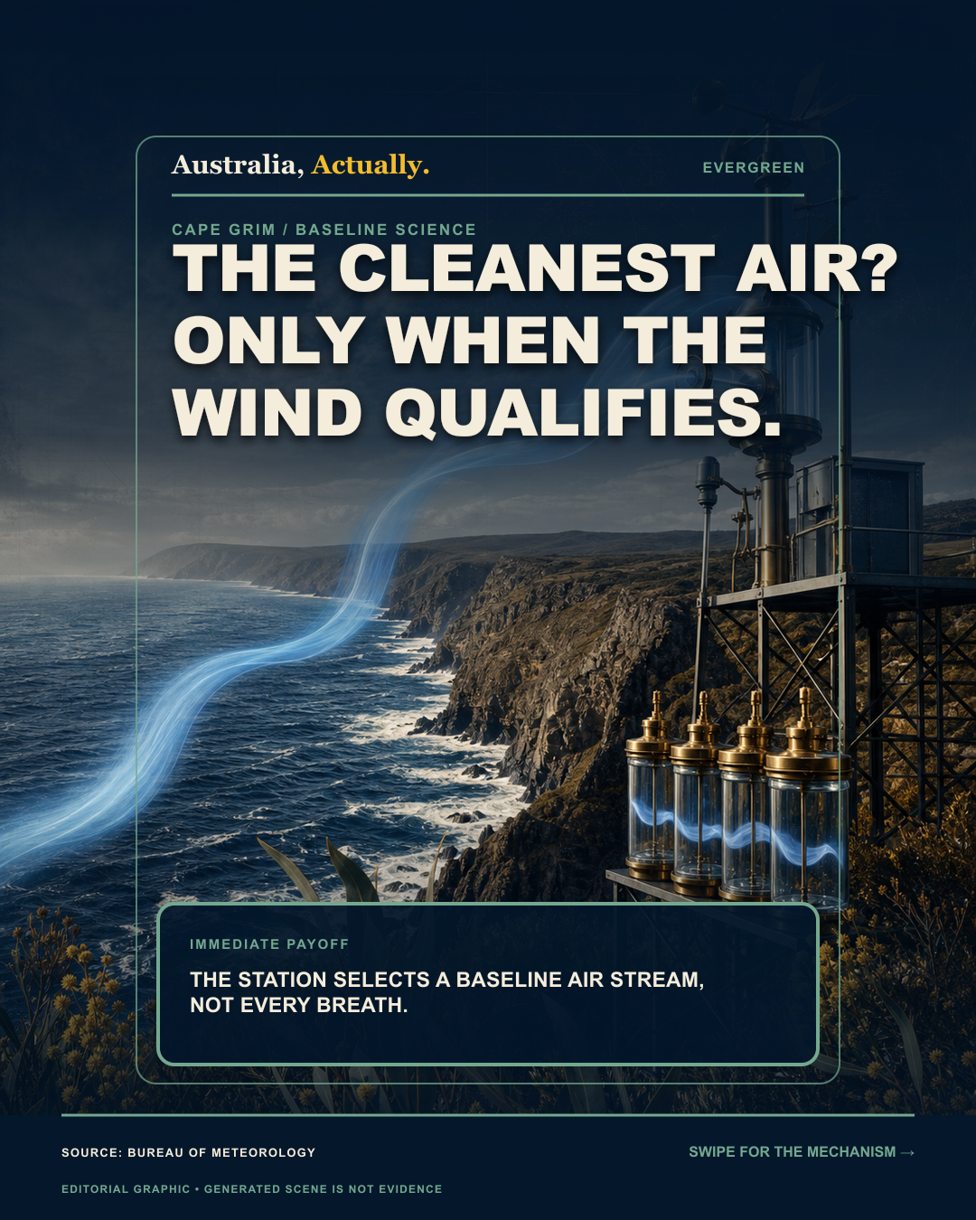 A clear air stream crossing Southern Ocean cliffs into a scientific instrument at Cape Grim, with a headline about the wind qualification behind baseline air.