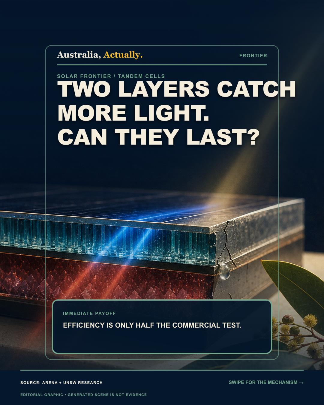 Macro cutaway of a tandem solar cell splitting blue and red light between two layers while a crack and moisture bead show a durability question.