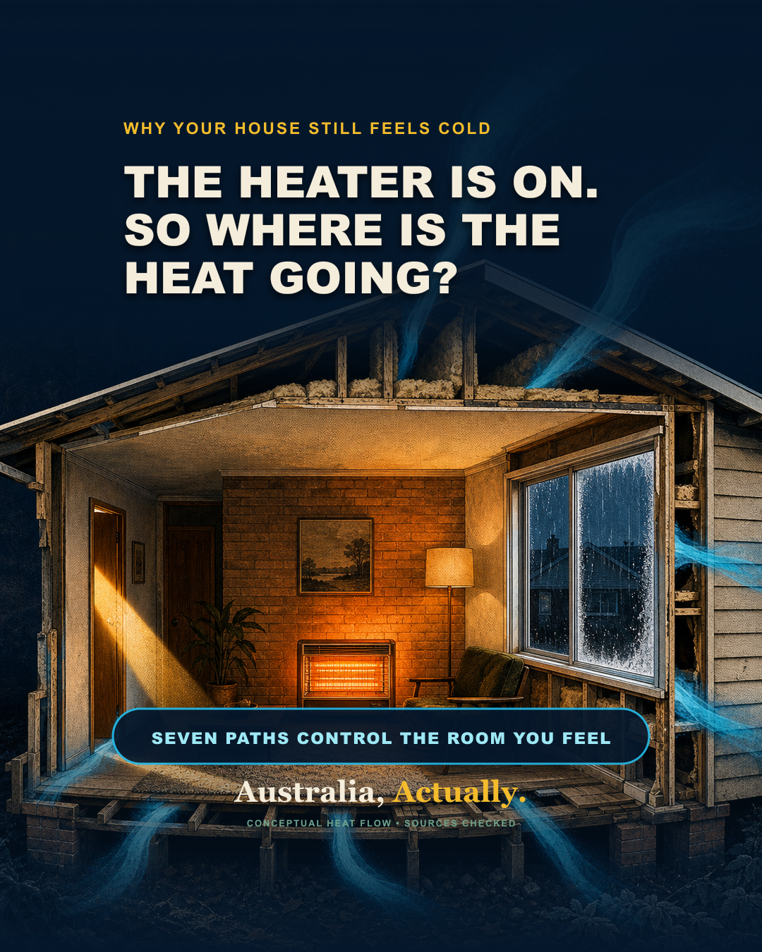Cutaway Australian living room with a glowing heater while blue streams show warmth escaping through the roof, window, wall and floor.