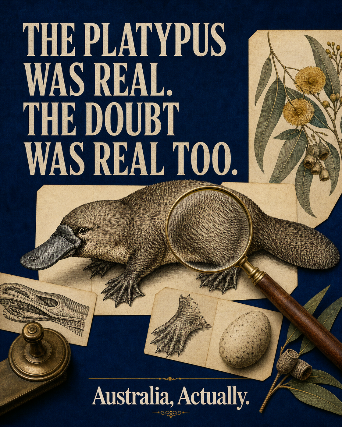 Museum style editorial poster showing an engraved platypus under a magnifying glass with a headline about the animal and the doubt being real.