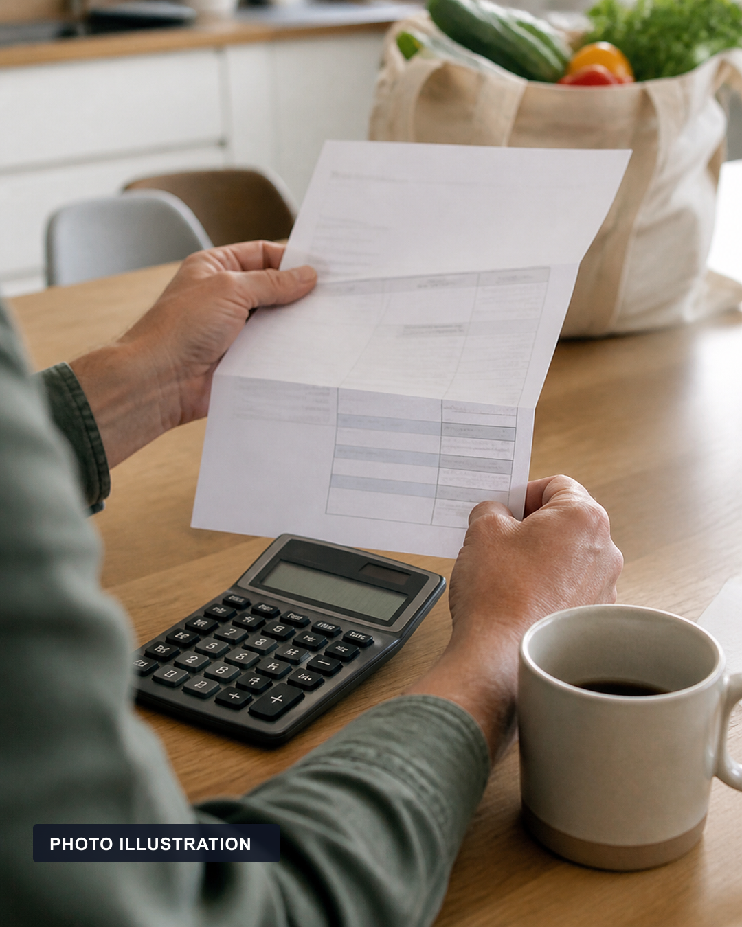 PHOTO ILLUSTRATION: Adult hands at an Australian kitchen table compare a generic household bill with a calculator, coffee and groceries in the background.