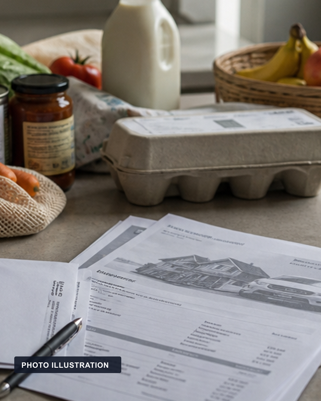PHOTO ILLUSTRATION: Groceries, envelopes and generic household paperwork on a kitchen counter.