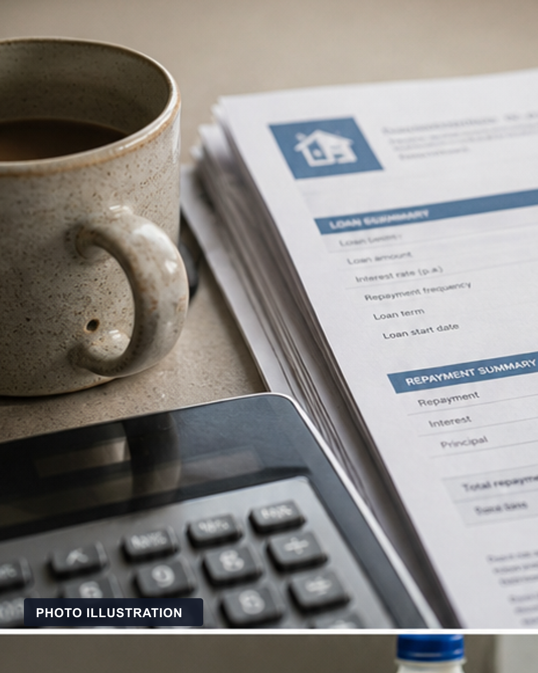 PHOTO ILLUSTRATION: A generic home-loan statement rests beside a calculator and coffee mug.