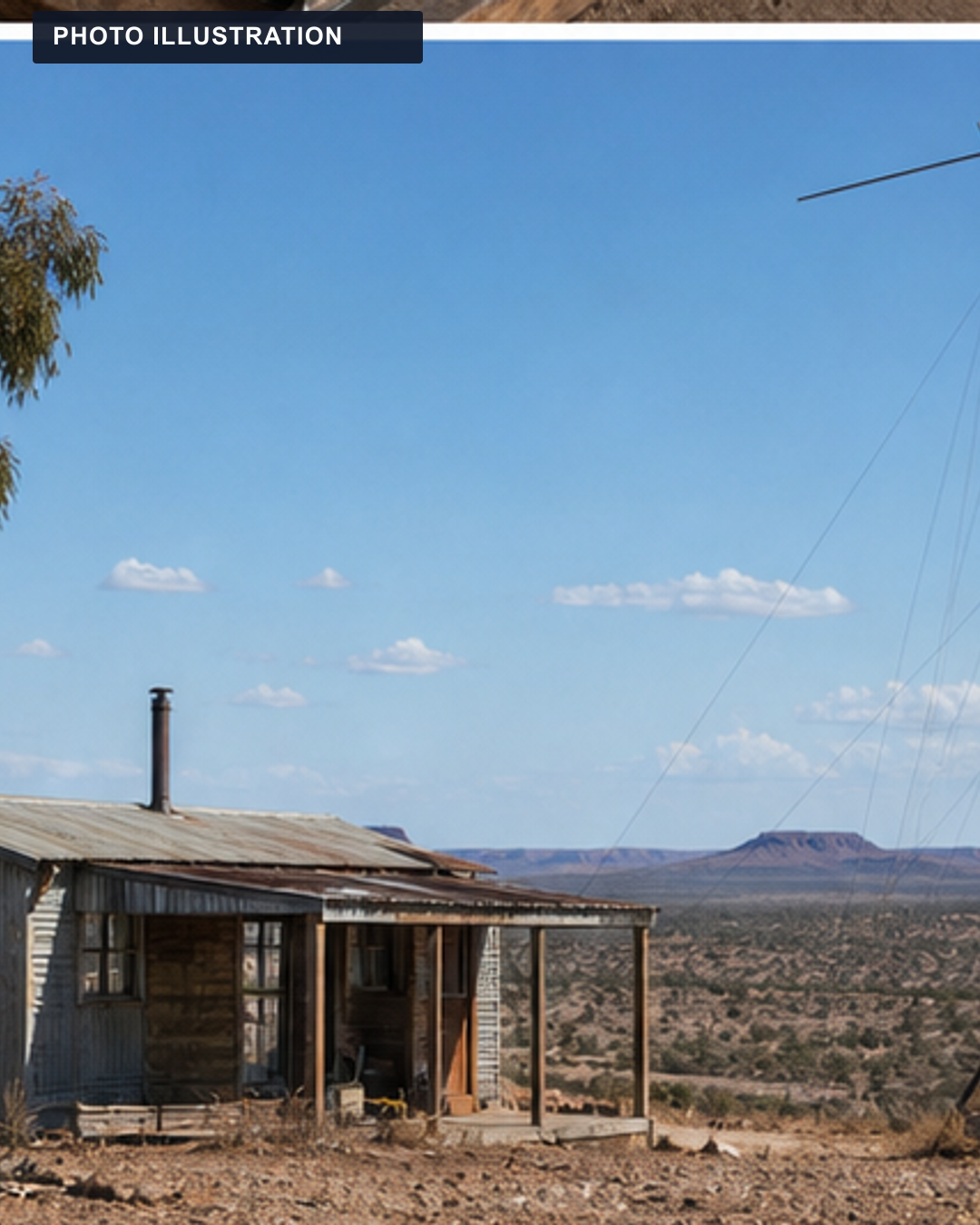 PHOTO ILLUSTRATION: A remote Australian-style homestead and radio aerial.