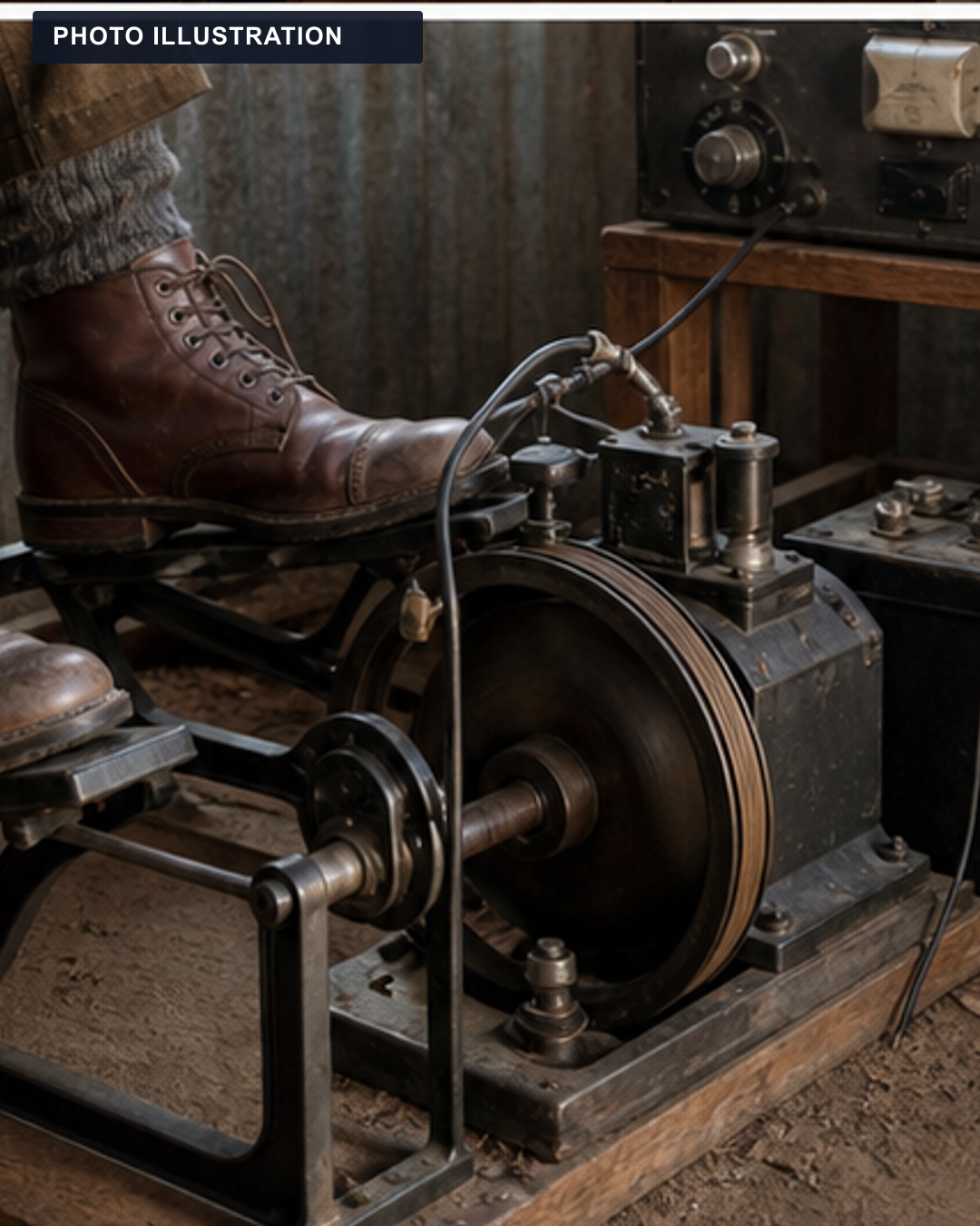 PHOTO ILLUSTRATION: Boots pedal a period-style generator connected to radio equipment.