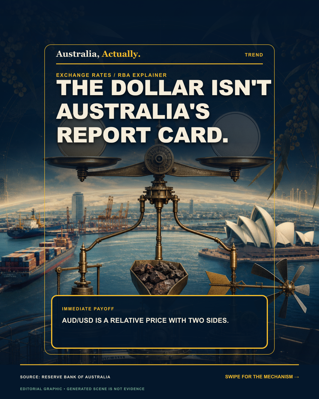Two blank currency disks balancing above trade, commodity and risk mechanisms, with a headline explaining that the dollar is not Australia's report card.