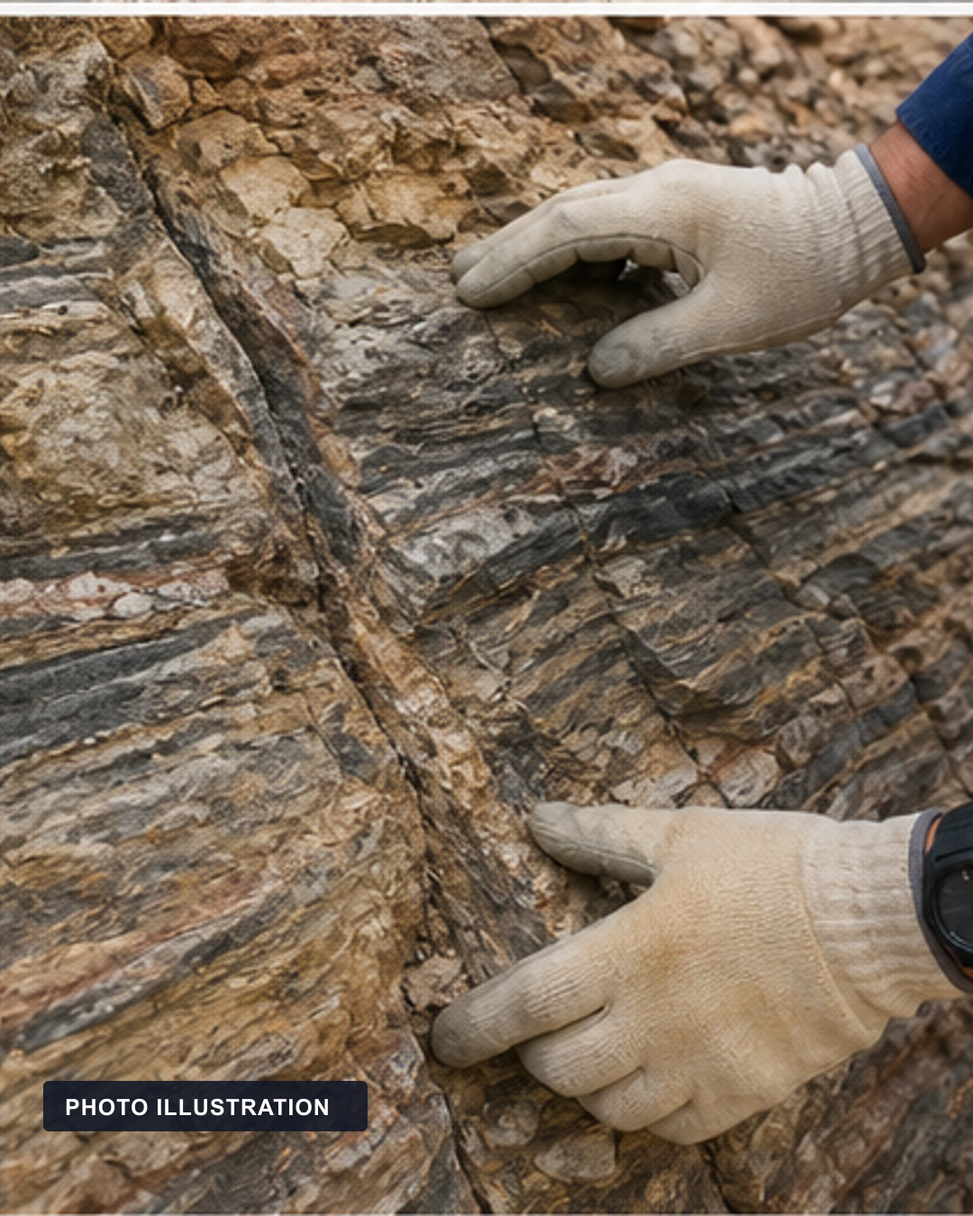PHOTO ILLUSTRATION: Gloved geologist hands indicate a natural fracture in layered bedrock.