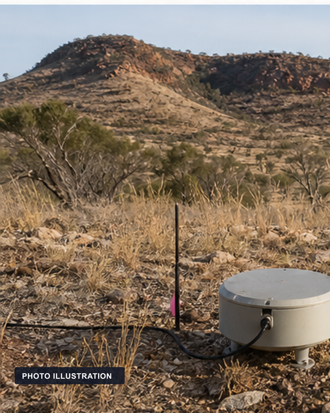 PHOTO ILLUSTRATION: A generic field seismometer sits in a dry Australian landscape.