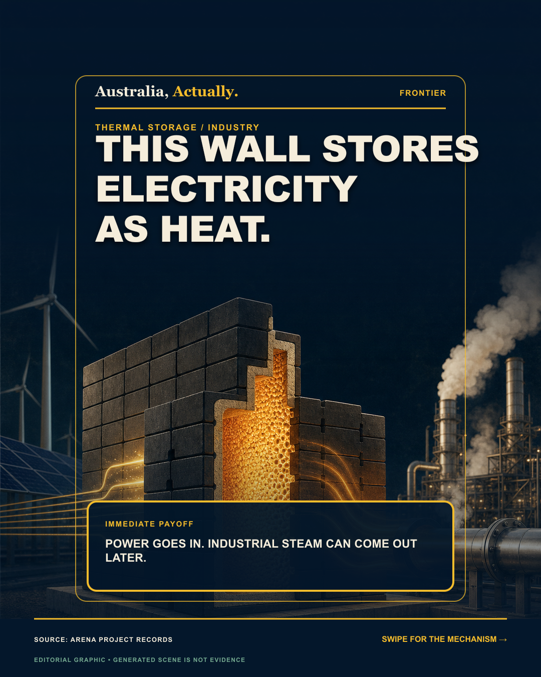 Cutaway wall of dark thermal-storage blocks glowing inside between renewable power and a steam pipe, with a headline about storing electricity as heat.