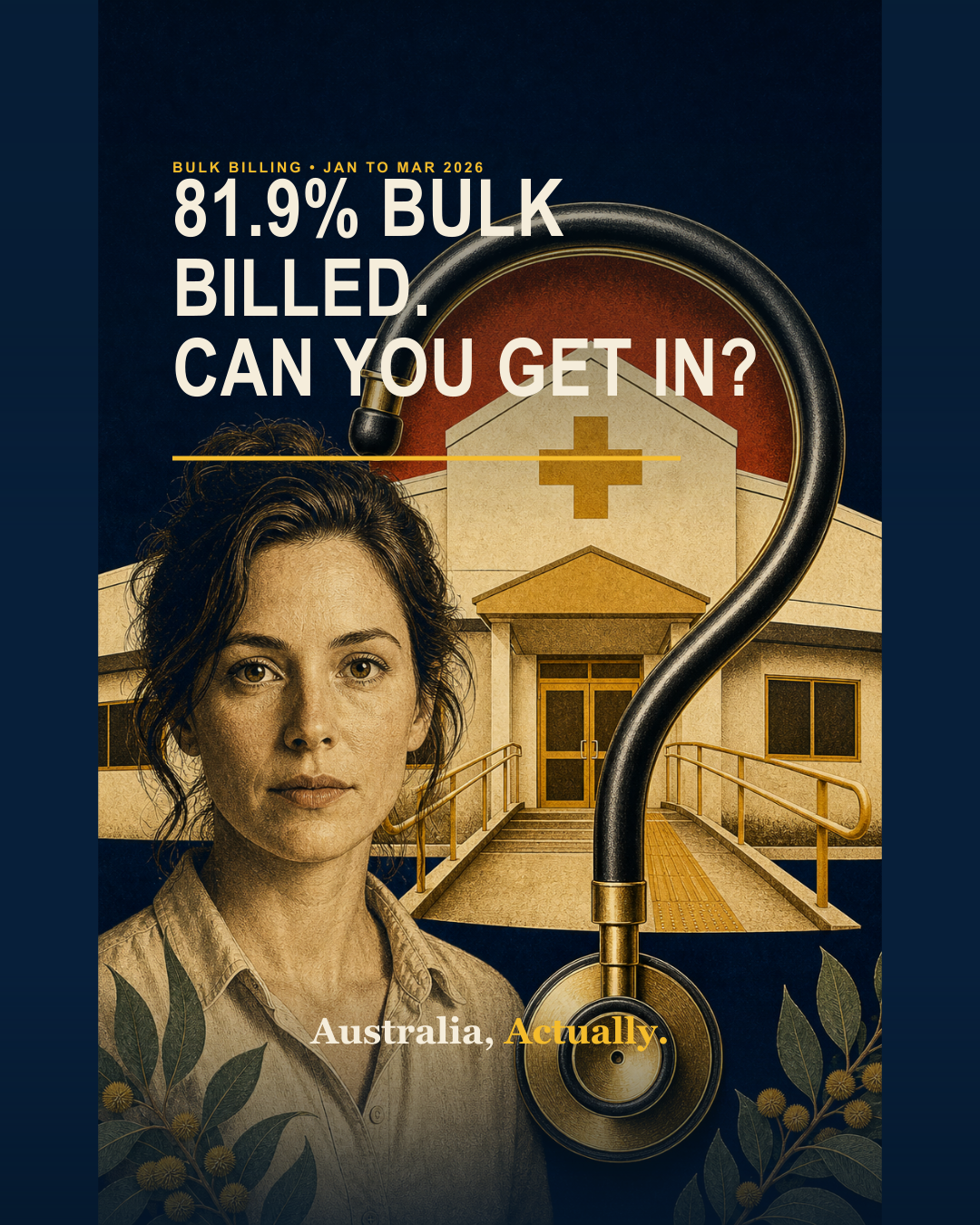 High-contrast vintage Australia, Actually poster stating 81.9 per cent bulk billed and asking can you get in, above an illustrated adult, a neighbourhood GP medical centre and a stethoscope bent into a question mark. The scene is an editorial reconstruction, not a real patient or clinic.