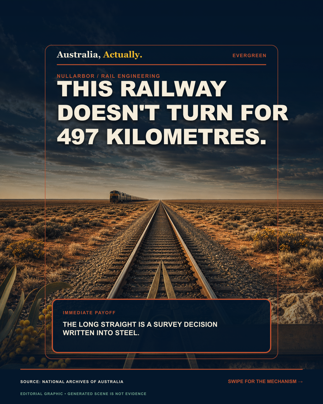 A railway running directly to the Nullarbor horizon beside brass measuring tools, with a headline stating that it does not turn for 497 kilometres.