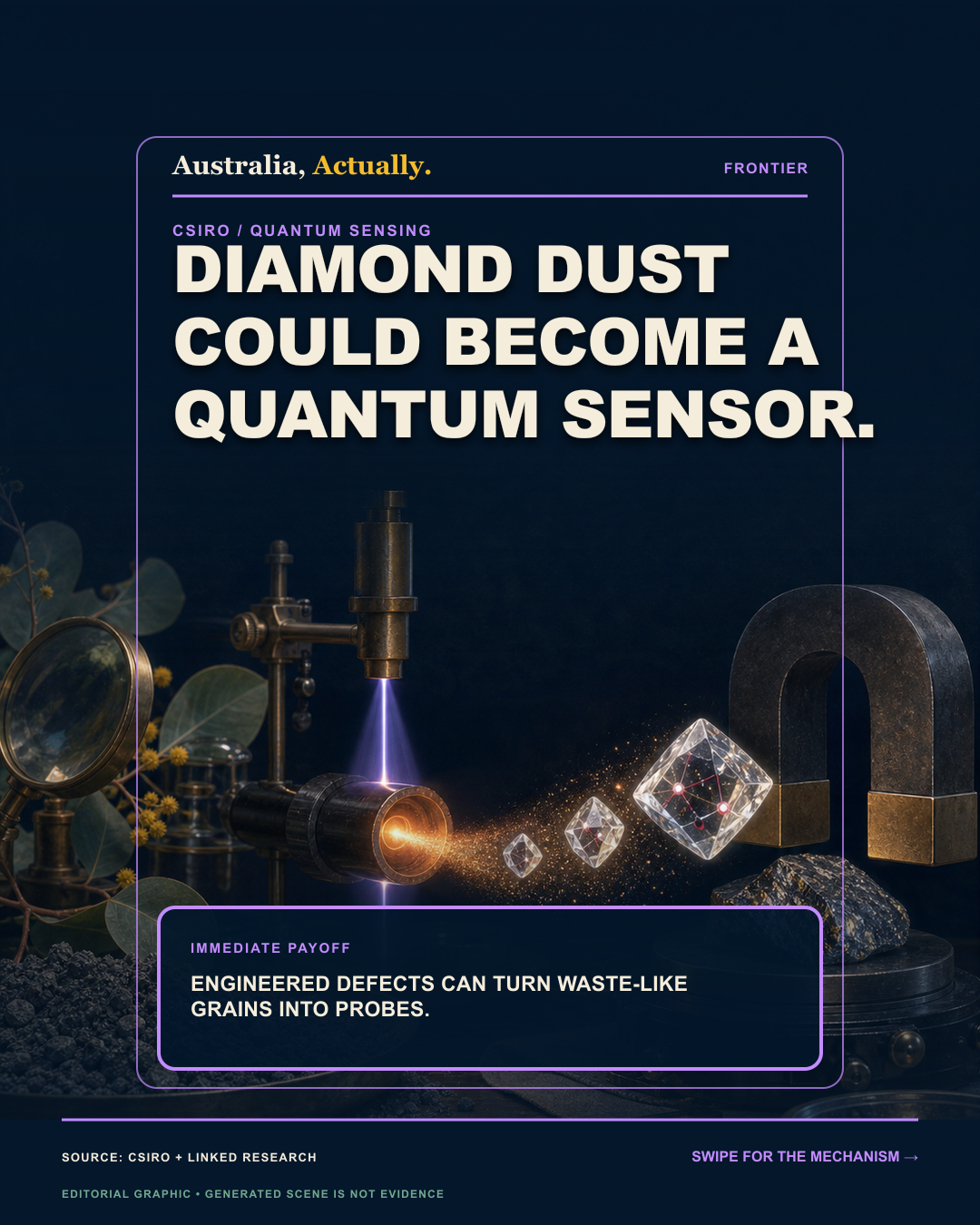 Industrial diamond dust passing through a laboratory beam into luminous defect-centred crystals near a magnet, with a cautious quantum-sensor headline.