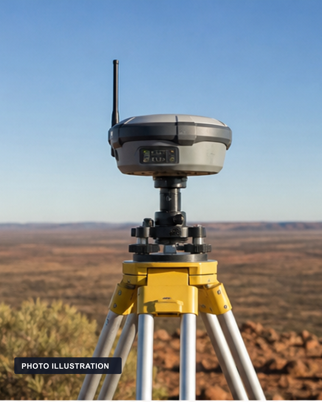 PHOTO ILLUSTRATION: A generic survey-grade GNSS receiver on a tripod in an Australian landscape.