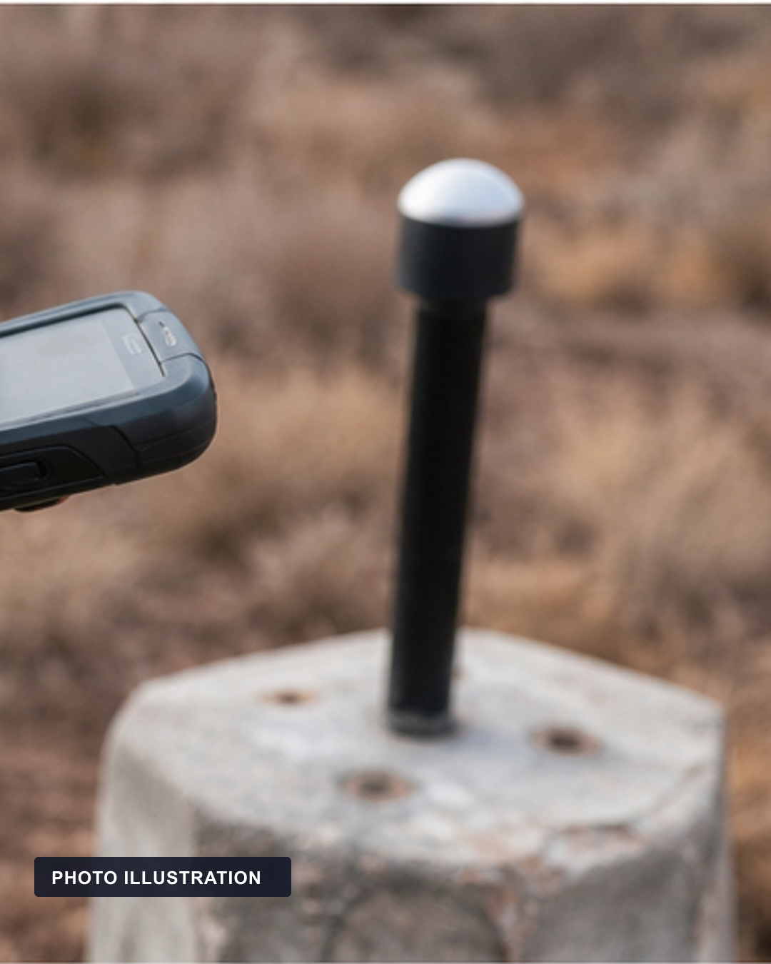 PHOTO ILLUSTRATION: A field surveyor holds a generic GNSS controller beside a survey marker.