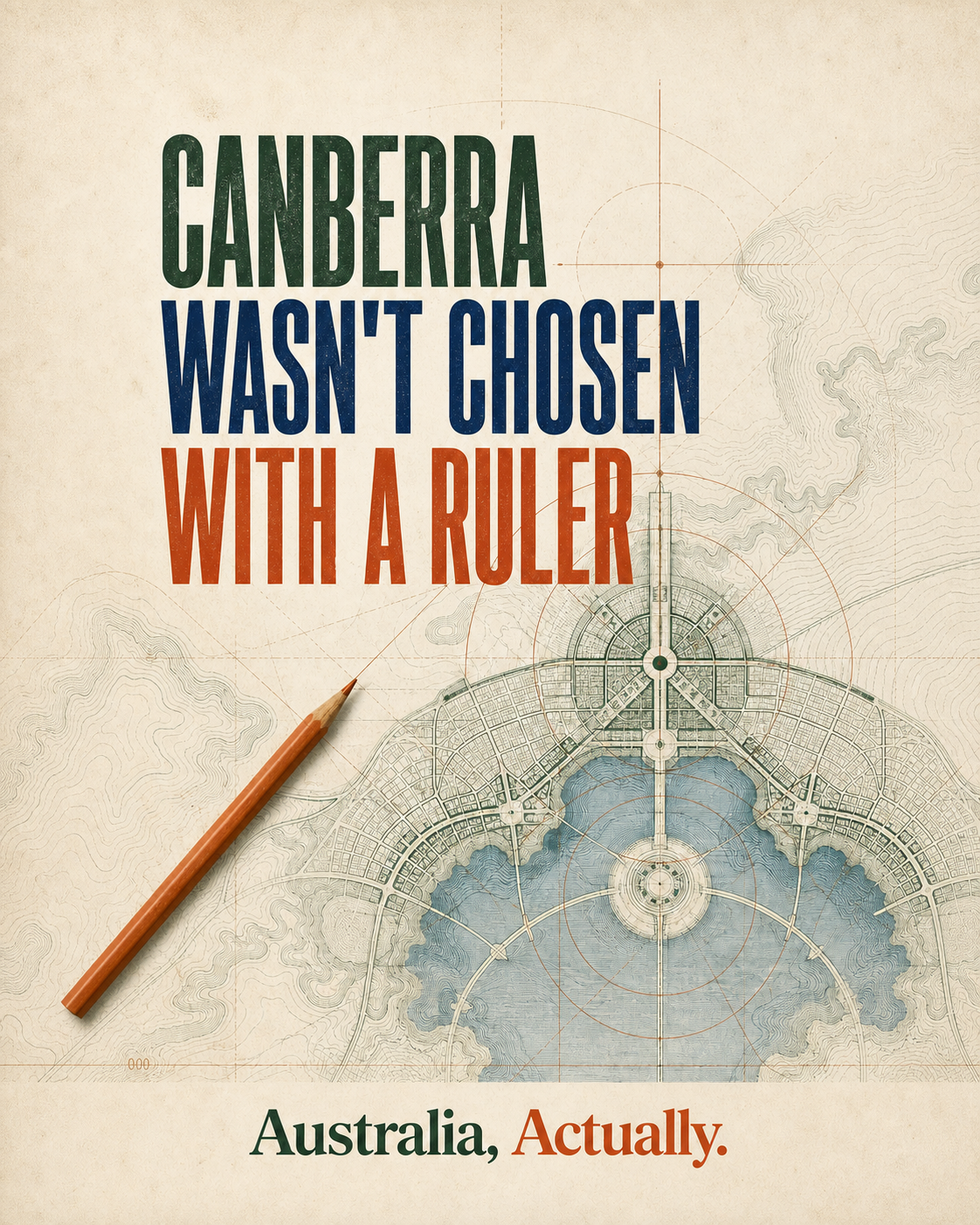 Editorial history poster over an archival style plan of Canberra, with the headline Canberra wasn't chosen with a ruler.